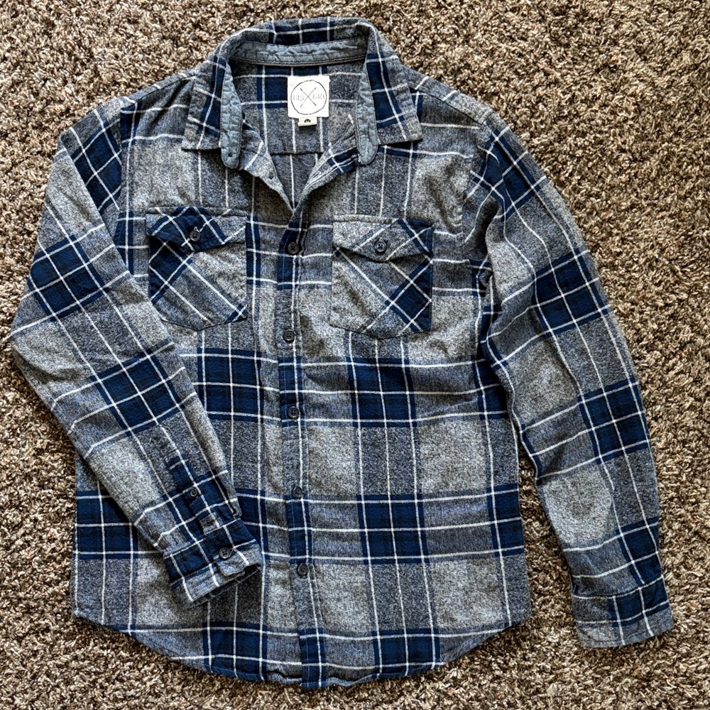 Birch Black 100% Cotton Blue Gray Plaid Flannel Button-Up Shirt, Size Medium